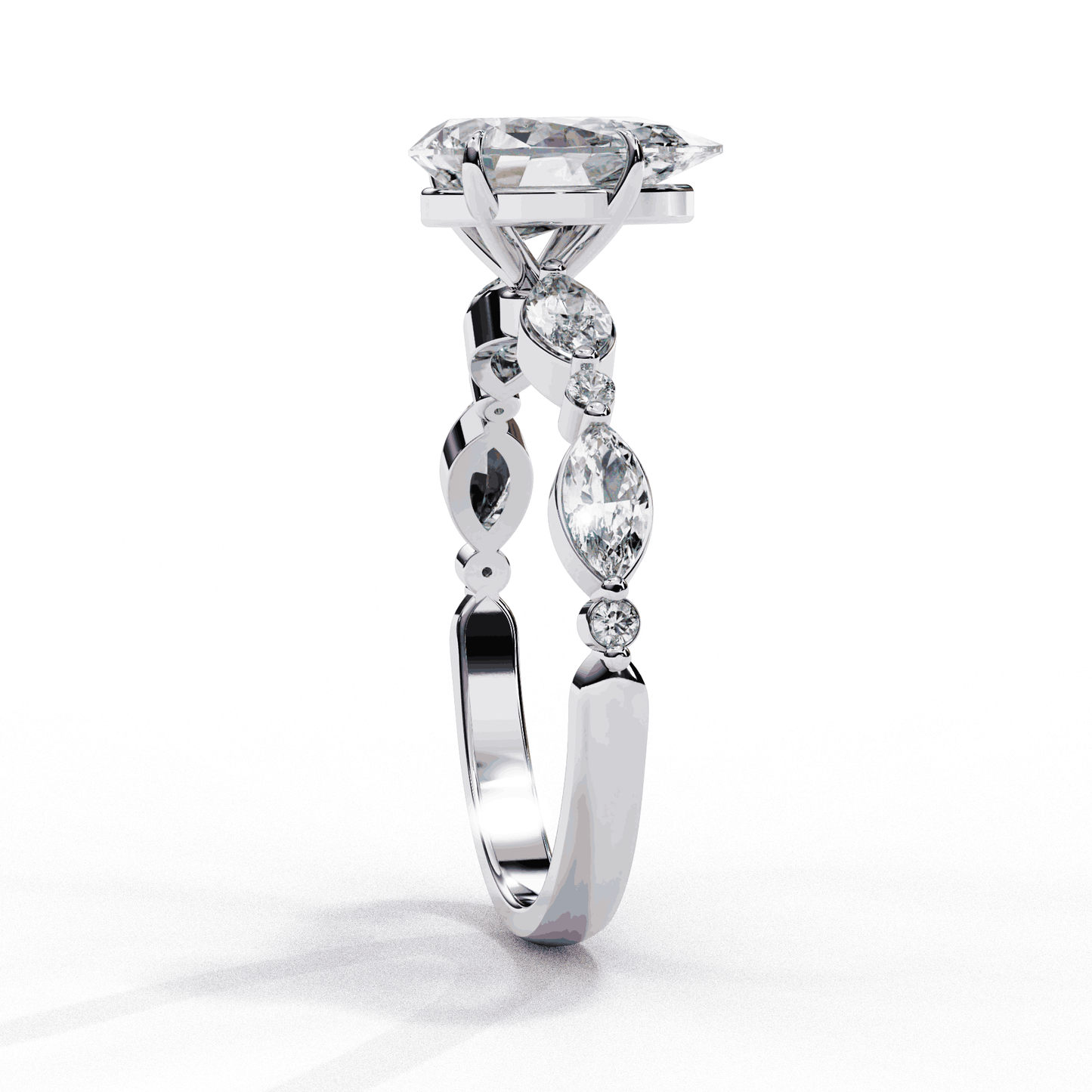Pear Cut Lab Grown Diamond Pave Engagement Ring with Marquise and Round Accent Shoulders