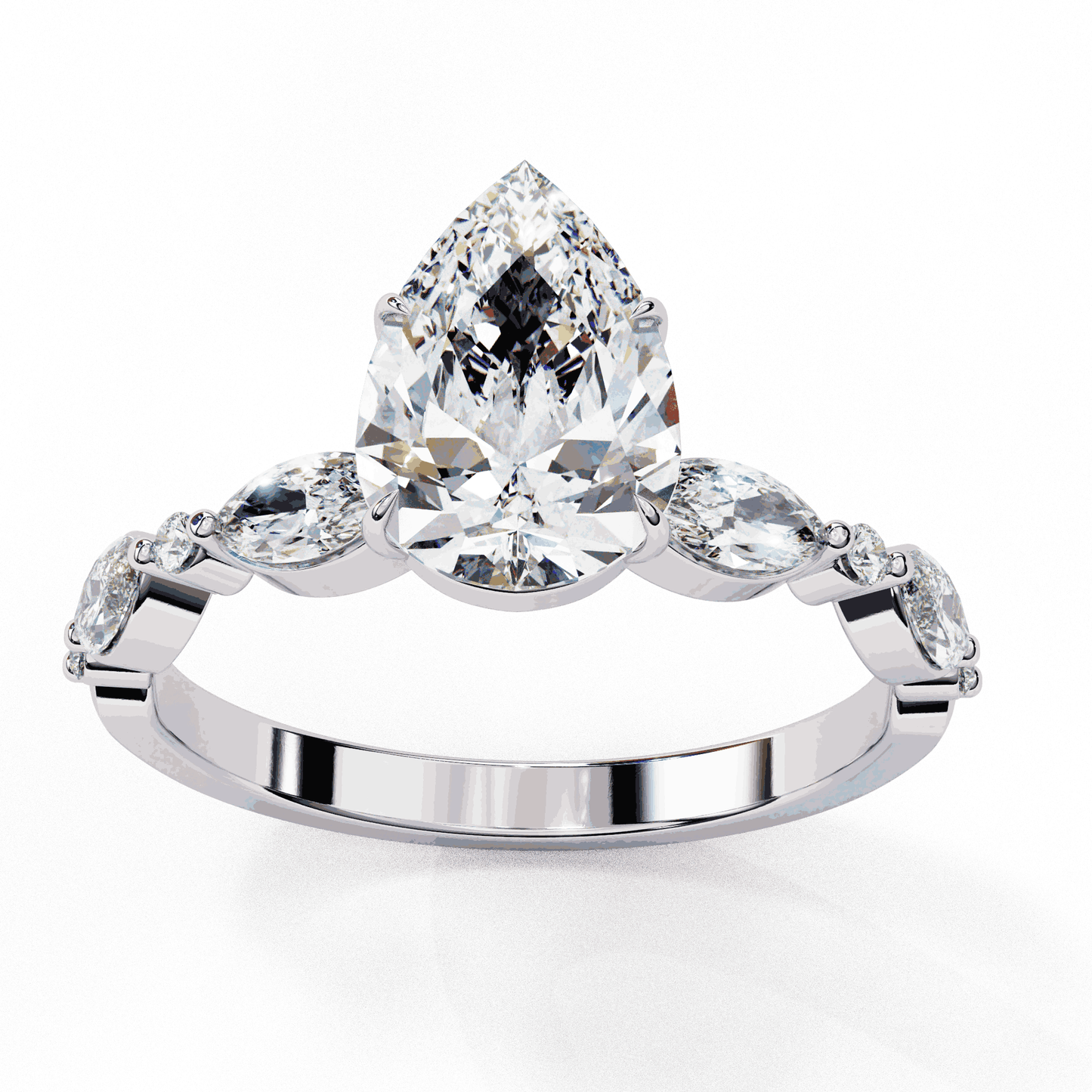 Pear Cut Lab Grown Diamond Pave Engagement Ring with Marquise and Round Accent Shoulders