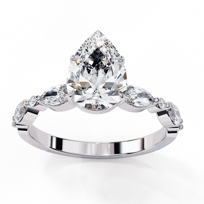 Pear Cut Lab Grown Diamond Pave Engagement Ring with Marquise and Round Accent Shoulders