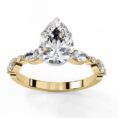 Pear Cut Lab Grown Diamond Pave Engagement Ring with Marquise and Round Accent Shoulders