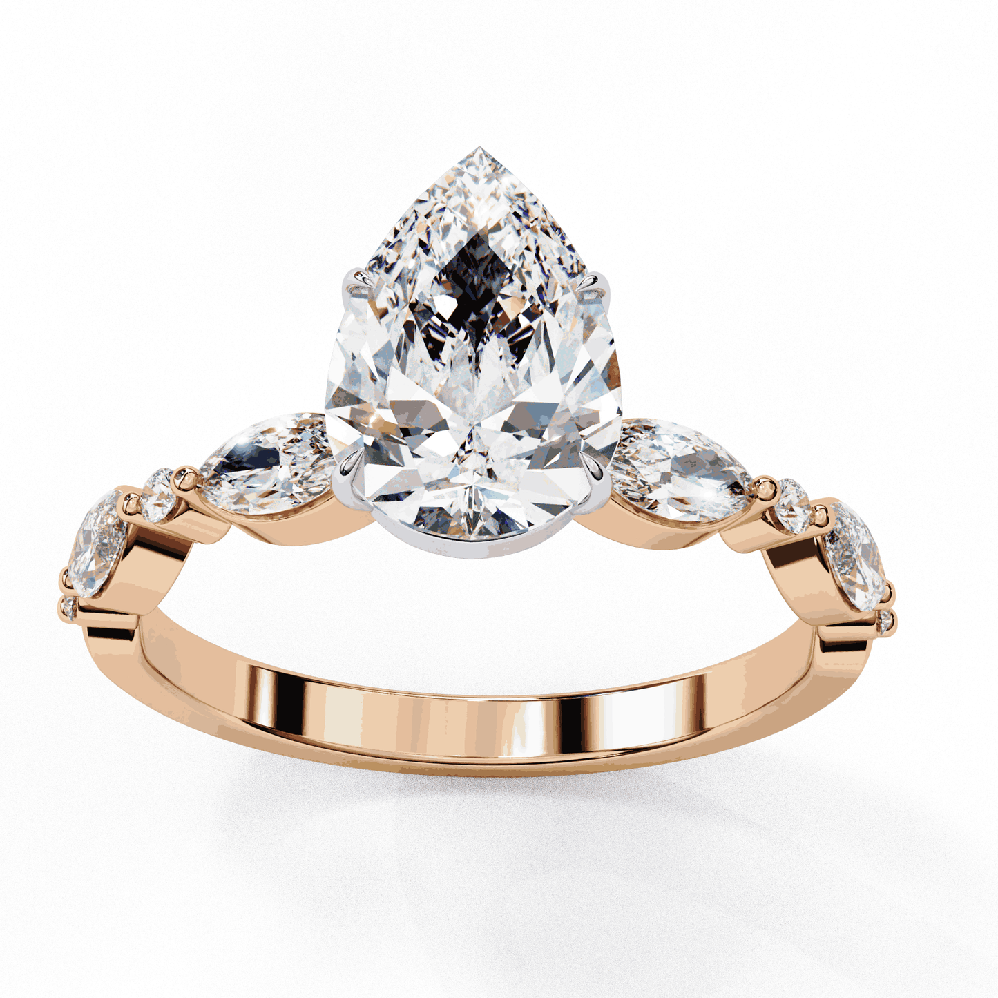 Pear Cut Lab Grown Diamond Pave Engagement Ring with Marquise and Round Accent Shoulders