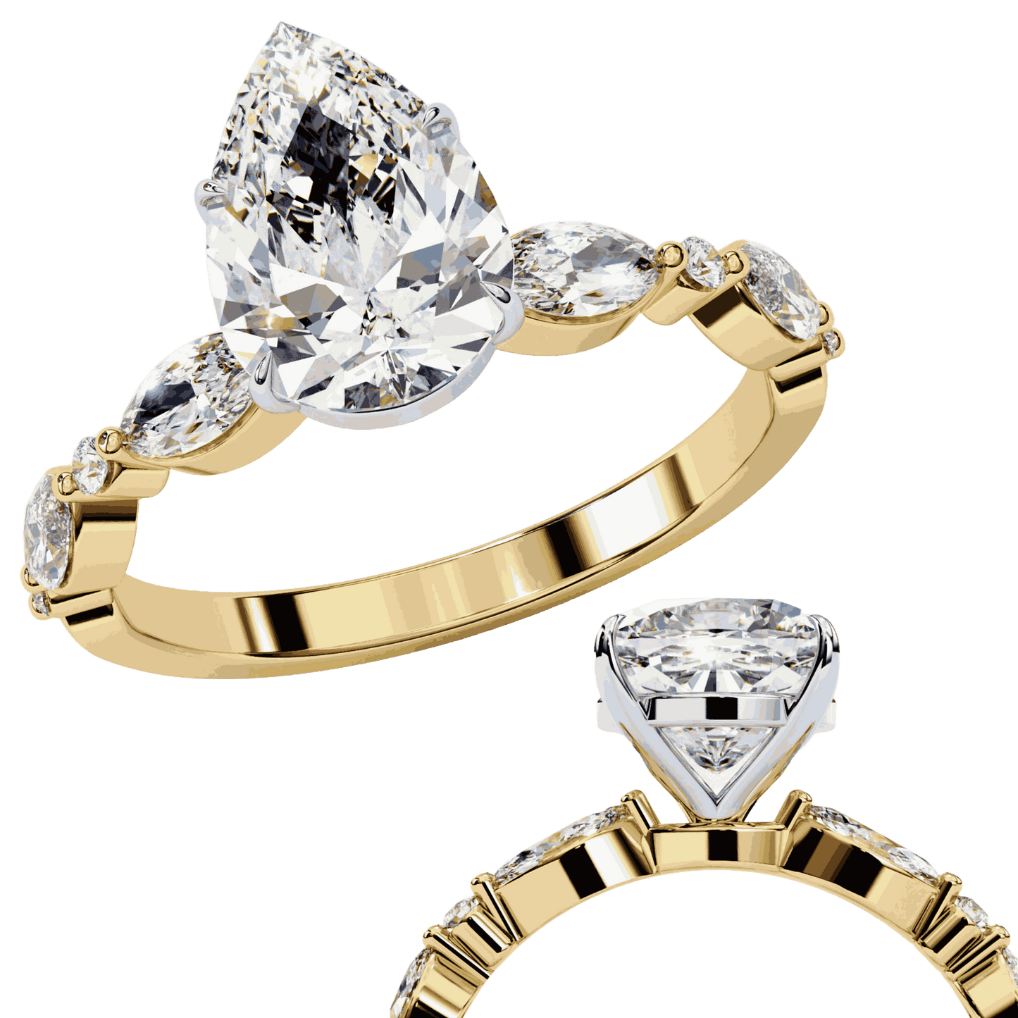 Pear Cut Lab Grown Diamond Pave Engagement Ring with Marquise and Round Accent Shoulders