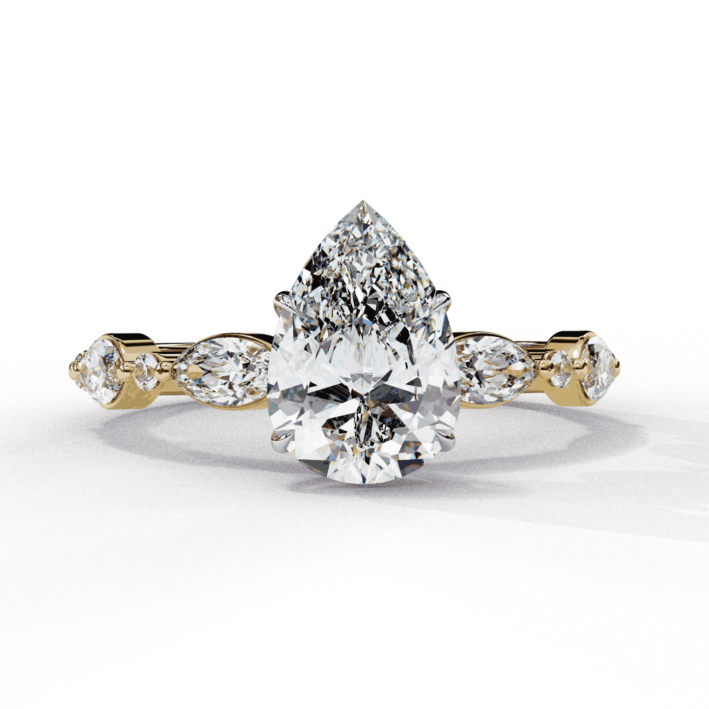 Pear Cut Lab Grown Diamond Pave Engagement Ring with Marquise and Round Accent Shoulders