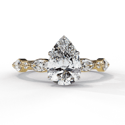 Pear Cut Lab Grown Diamond Pave Engagement Ring with Marquise and Round Accent Shoulders