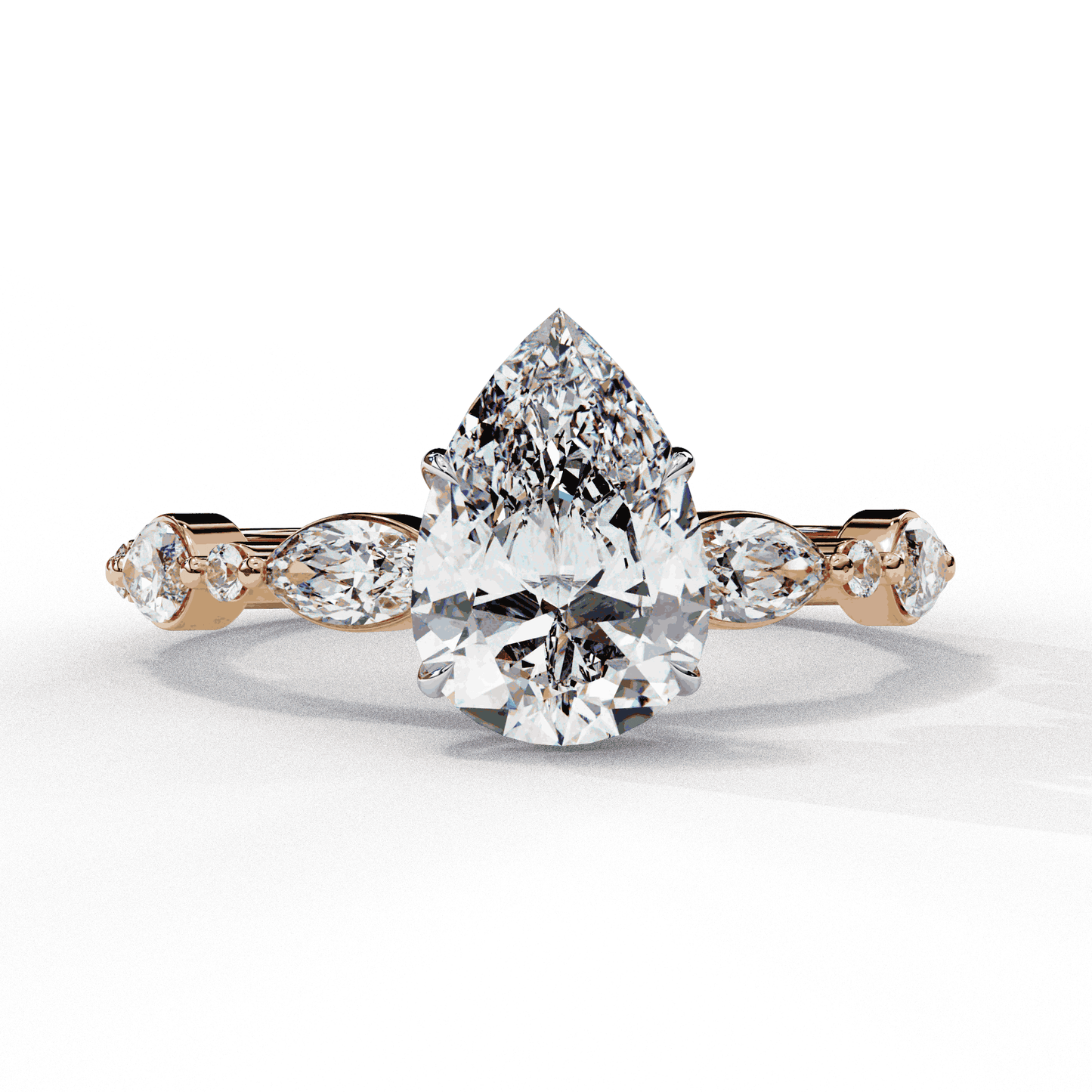 Pear Cut Lab Grown Diamond Pave Engagement Ring with Marquise and Round Accent Shoulders