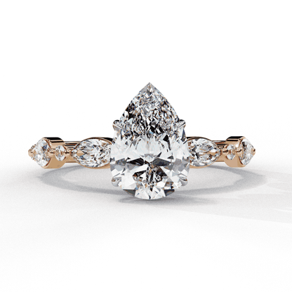 Pear Cut Lab Grown Diamond Pave Engagement Ring with Marquise and Round Accent Shoulders