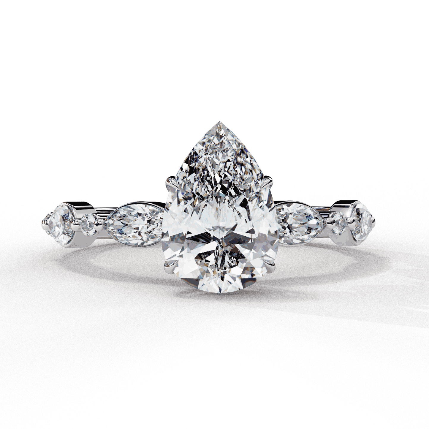 Pear Cut Lab Grown Diamond Pave Engagement Ring with Marquise and Round Accent Shoulders