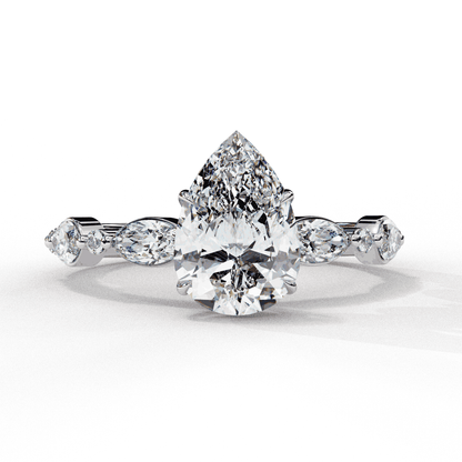 Pear Cut Lab Grown Diamond Pave Engagement Ring with Marquise and Round Accent Shoulders