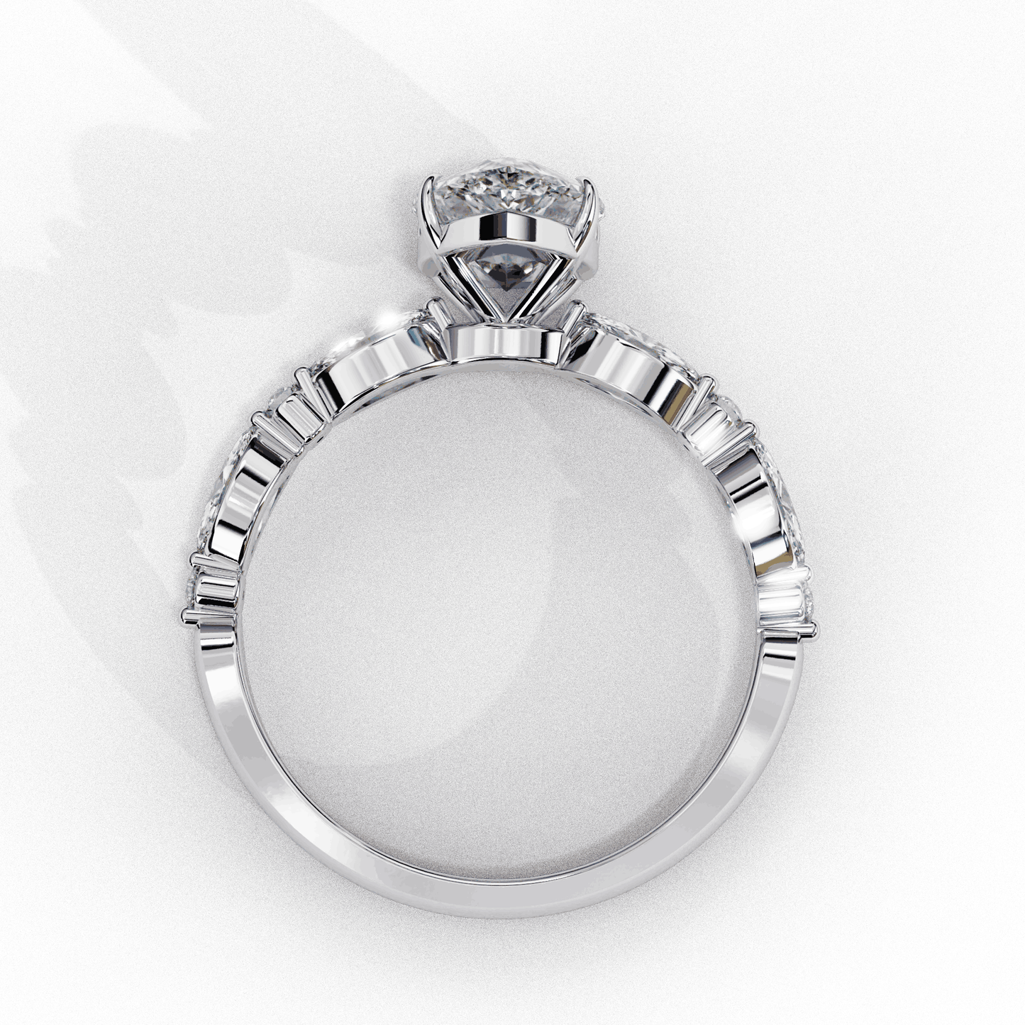 Pear Cut Lab Grown Diamond Pave Engagement Ring with Marquise and Round Accent Shoulders