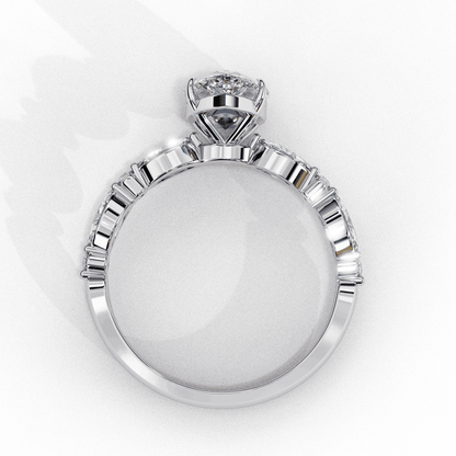 Pear Cut Lab Grown Diamond Pave Engagement Ring with Marquise and Round Accent Shoulders