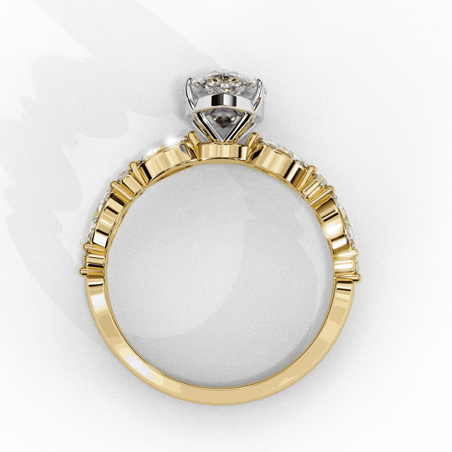 Pear Cut Lab Grown Diamond Pave Engagement Ring with Marquise and Round Accent Shoulders