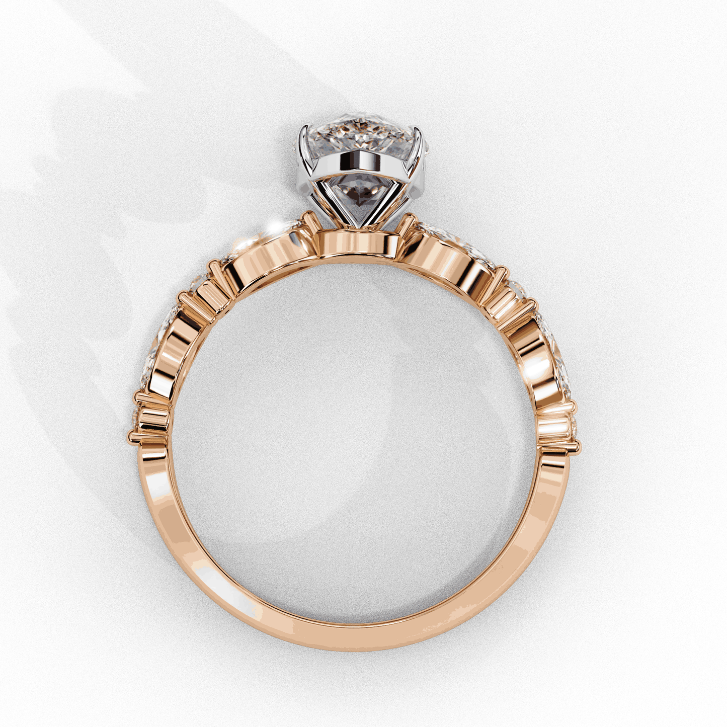 Pear Cut Lab Grown Diamond Pave Engagement Ring with Marquise and Round Accent Shoulders