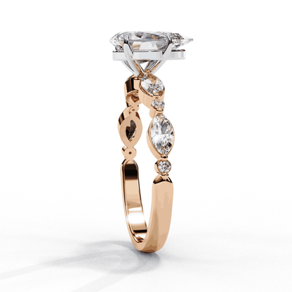 Pear Cut Lab Grown Diamond Pave Engagement Ring with Marquise and Round Accent Shoulders