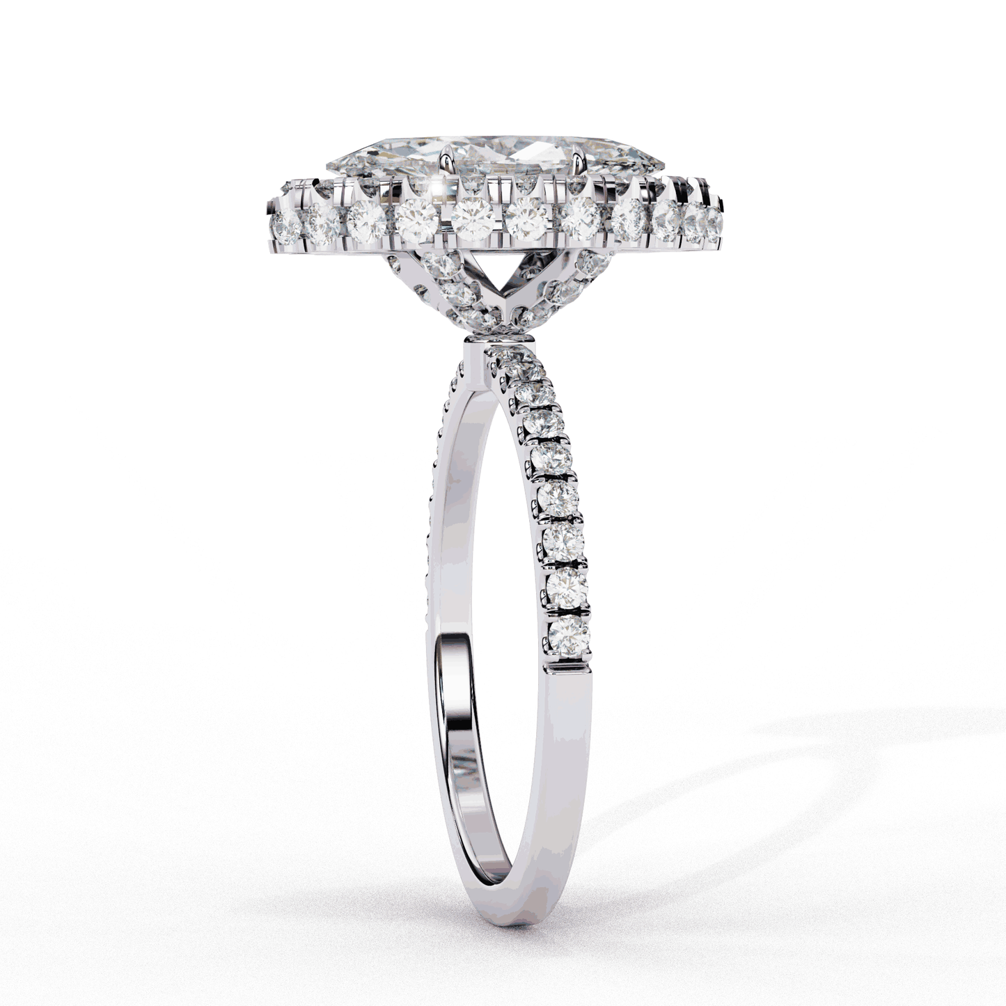 Marquise Cut Lab Grown Diamond Halo Engagement Ring with Large Stone Halo and V-Tip Prongs