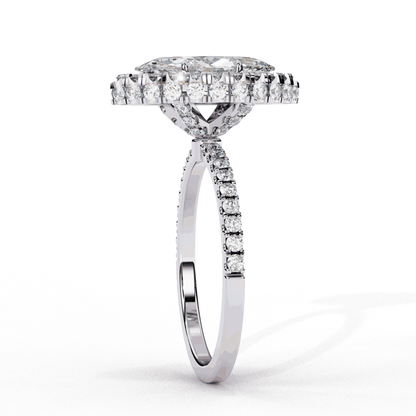 Marquise Cut Lab Grown Diamond Halo Engagement Ring with Large Stone Halo and V-Tip Prongs