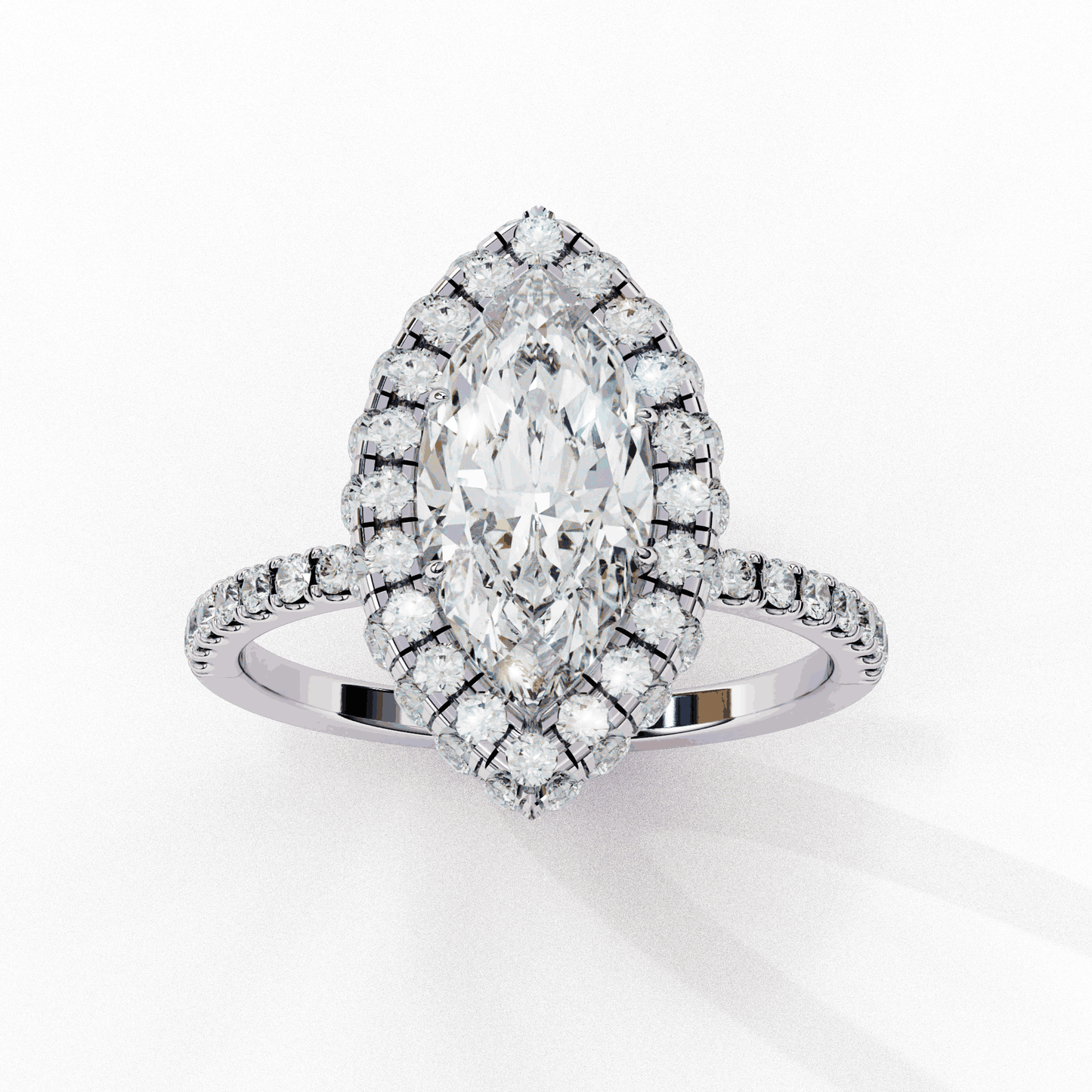 Marquise Cut Lab Grown Diamond Halo Engagement Ring with Large Stone Halo and V-Tip Prongs