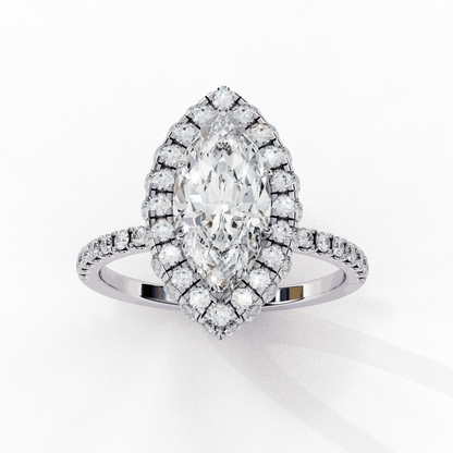 Marquise Cut Lab Grown Diamond Halo Engagement Ring with Large Stone Halo and V-Tip Prongs