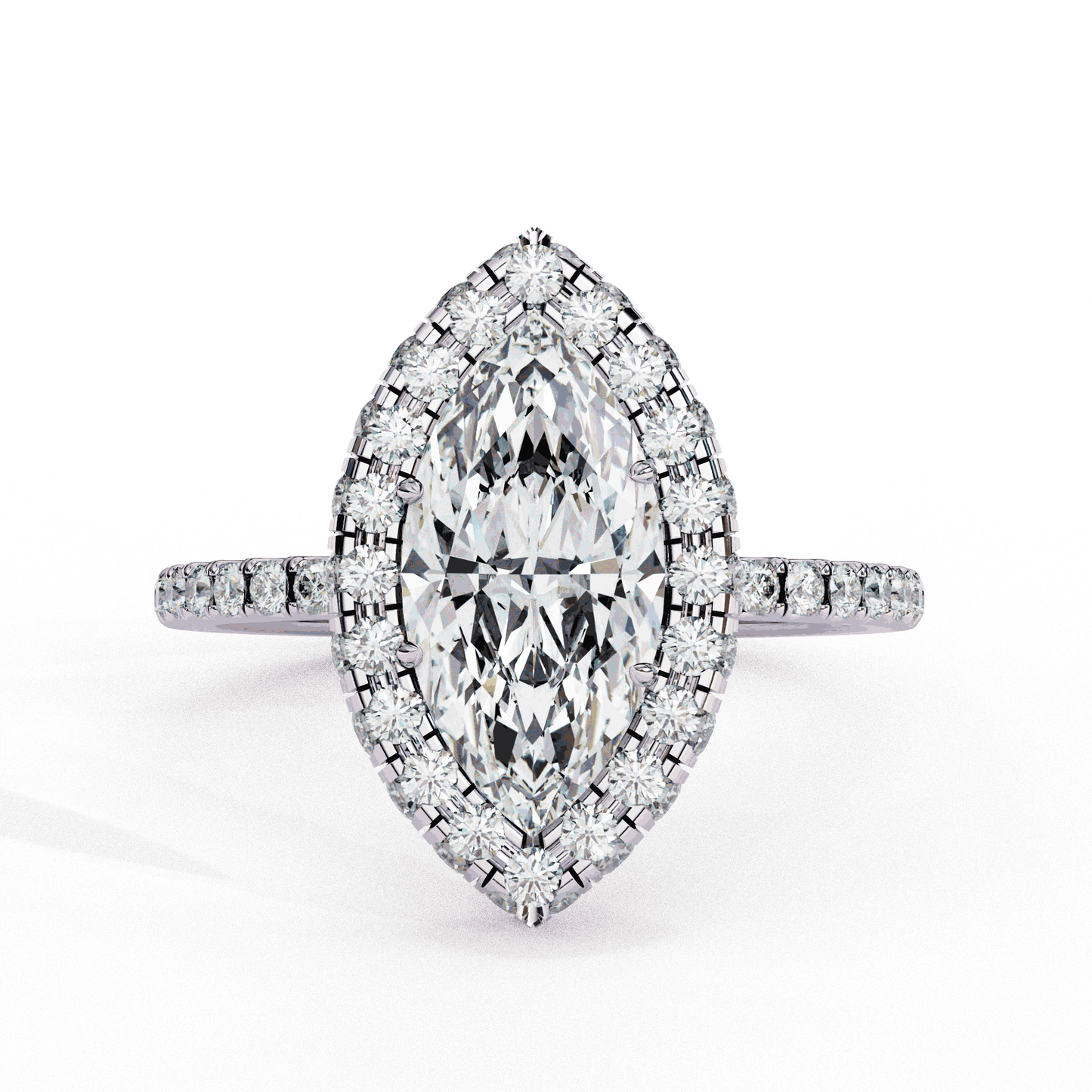 Marquise Cut Lab Grown Diamond Halo Engagement Ring with Large Stone Halo and V-Tip Prongs