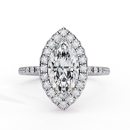 Marquise Cut Lab Grown Diamond Halo Engagement Ring with Large Stone Halo and V-Tip Prongs