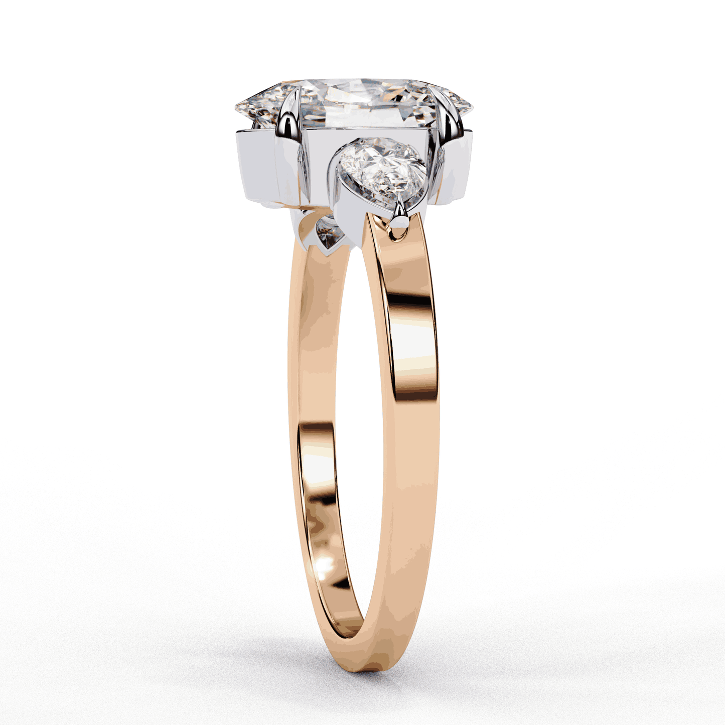 Oval Cut Lab Grown Diamond Three Stone Engagement Ring with Pear Side Accents