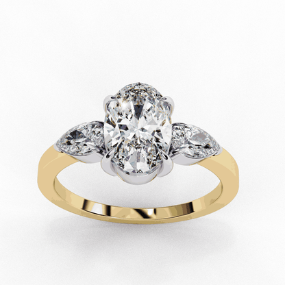 Oval Cut Lab Grown Diamond Three Stone Engagement Ring with Pear Side Accents