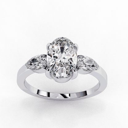 Oval Cut Lab Grown Diamond Three Stone Engagement Ring with Pear Side Accents