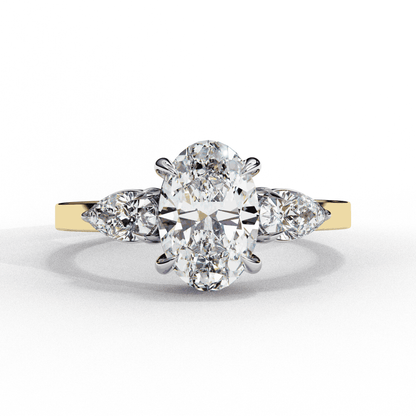 Oval Cut Lab Grown Diamond Three Stone Engagement Ring with Pear Side Accents