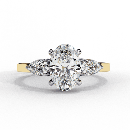 Oval Cut Lab Grown Diamond Three Stone Engagement Ring with Pear Side Accents