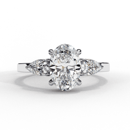 Oval Cut Lab Grown Diamond Three Stone Engagement Ring with Pear Side Accents