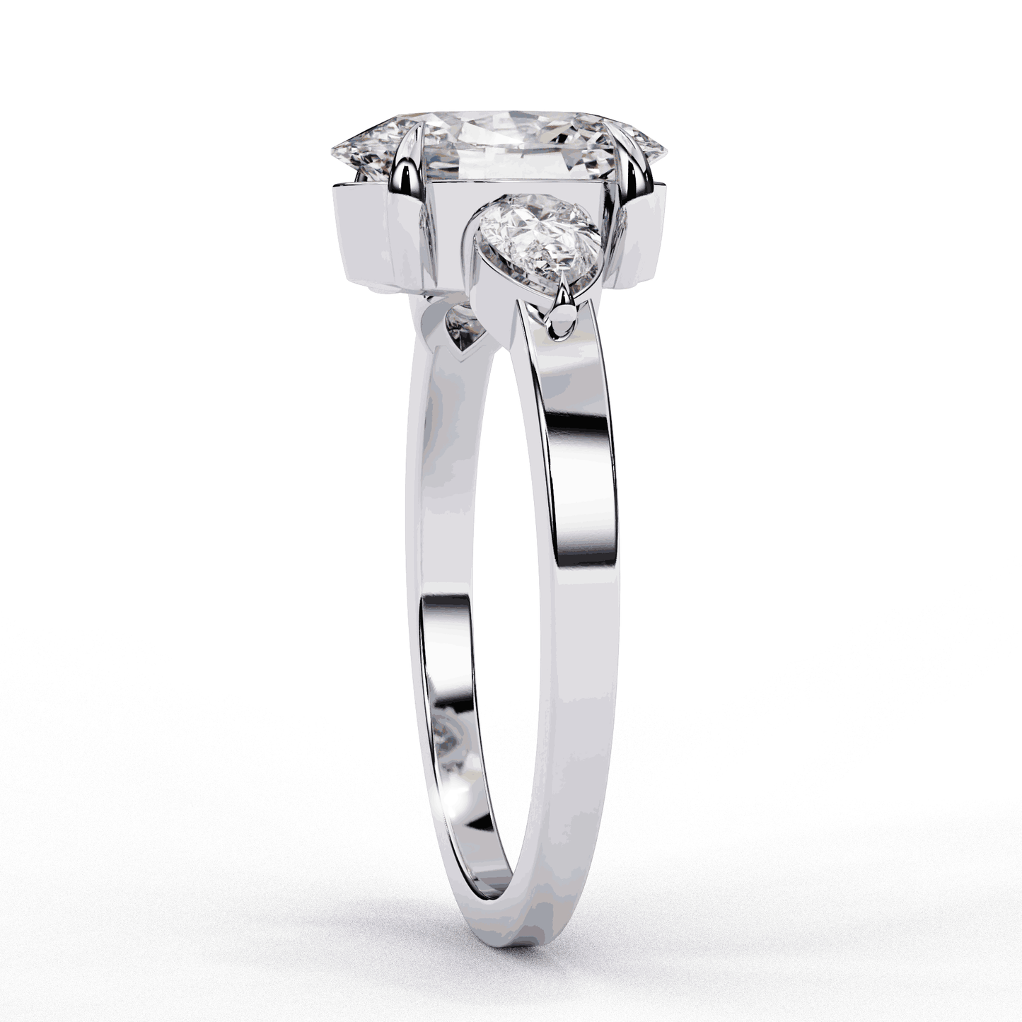 Oval Cut Lab Grown Diamond Three Stone Engagement Ring with Pear Side Accents