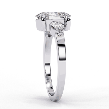 Oval Cut Lab Grown Diamond Three Stone Engagement Ring with Pear Side Accents