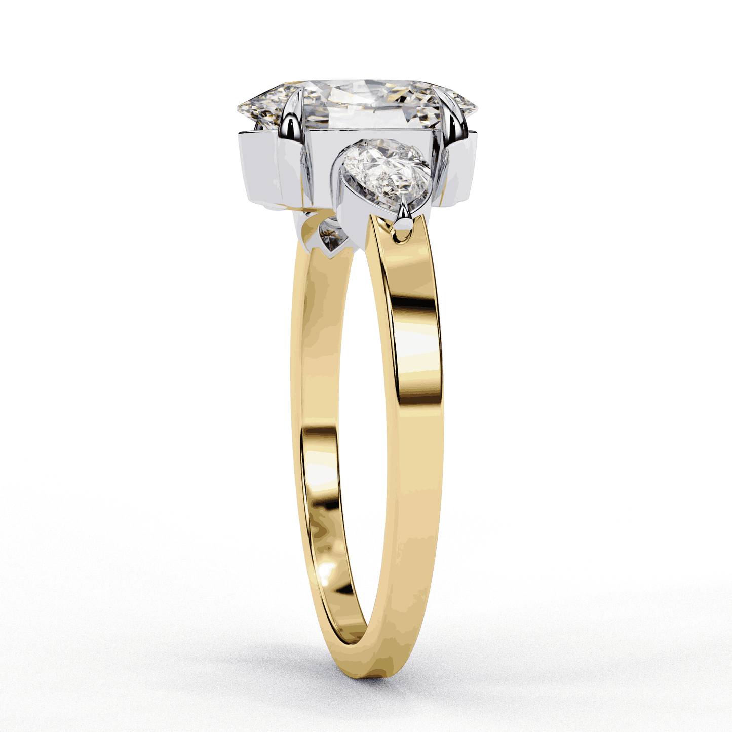 Oval Cut Lab Grown Diamond Three Stone Engagement Ring with Pear Side Accents