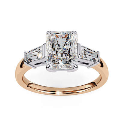 Radiant Cut Lab Grown Diamond Three Stone Engagement Ring with Tapered Baguette Sides