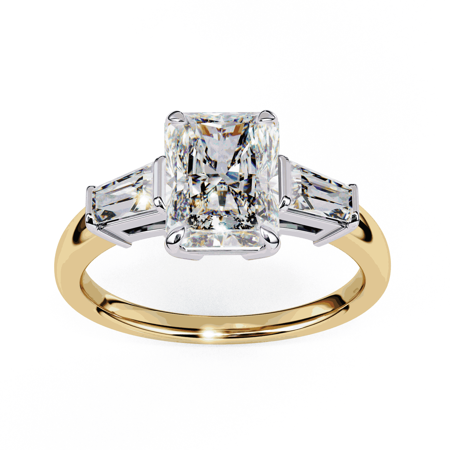 Radiant Cut Lab Grown Diamond Three Stone Engagement Ring with Tapered Baguette Sides
