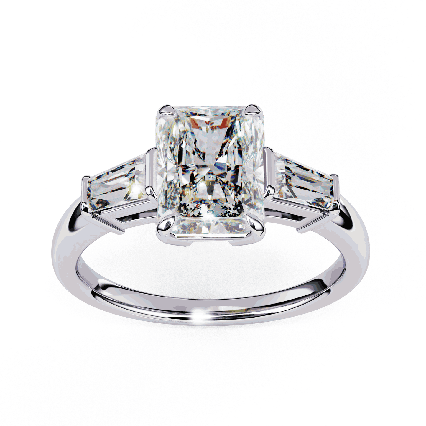 Radiant Cut Lab Grown Diamond Three Stone Engagement Ring with Tapered Baguette Sides