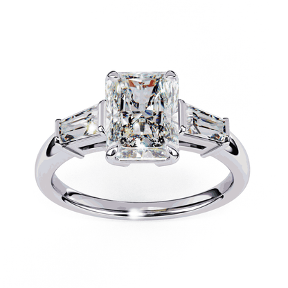 Radiant Cut Lab Grown Diamond Three Stone Engagement Ring with Tapered Baguette Sides
