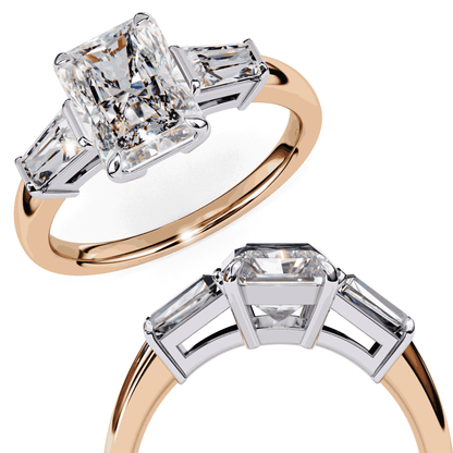 Radiant Cut Lab Grown Diamond Three Stone Engagement Ring with Tapered Baguette Sides