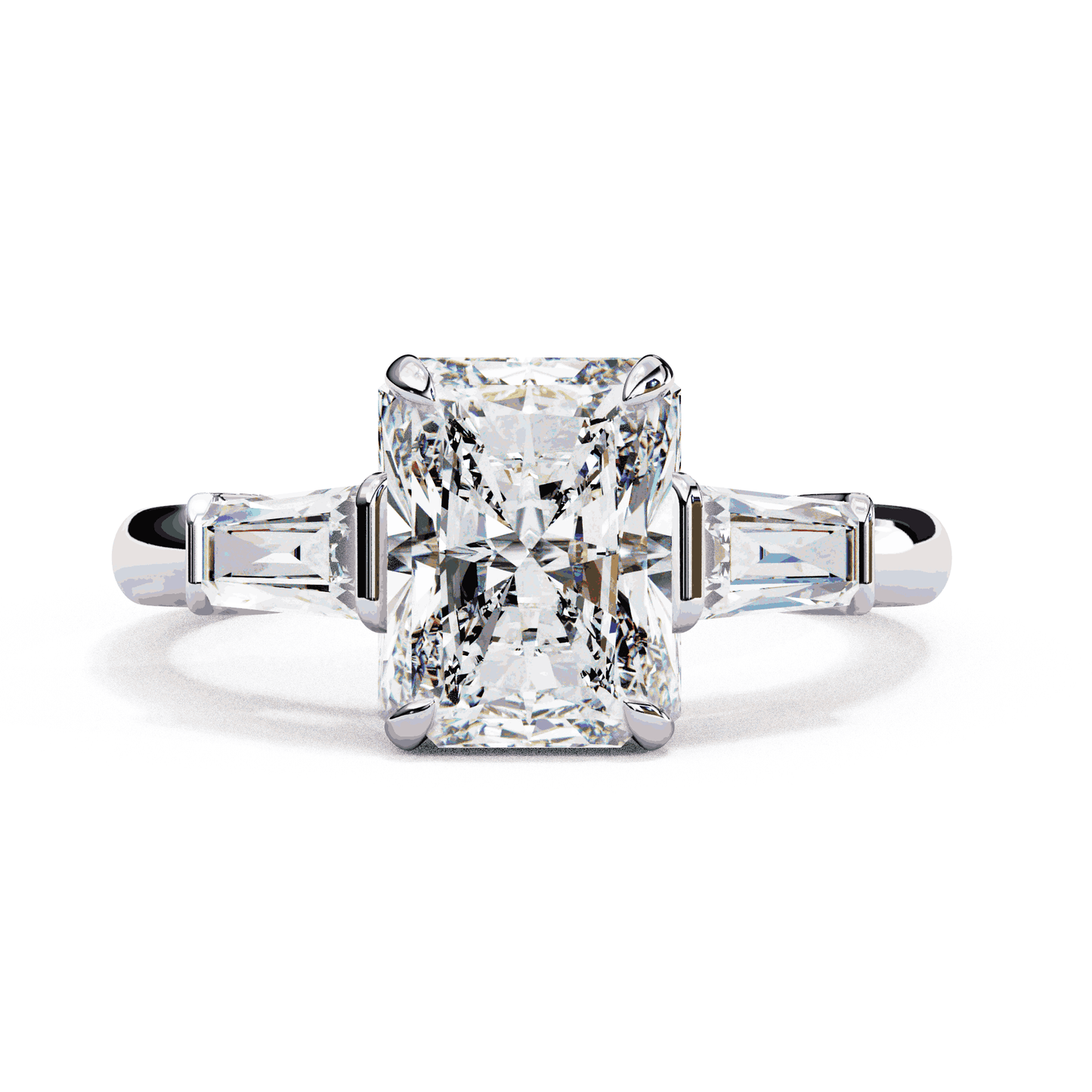 Radiant Cut Lab Grown Diamond Three Stone Engagement Ring with Tapered Baguette Sides