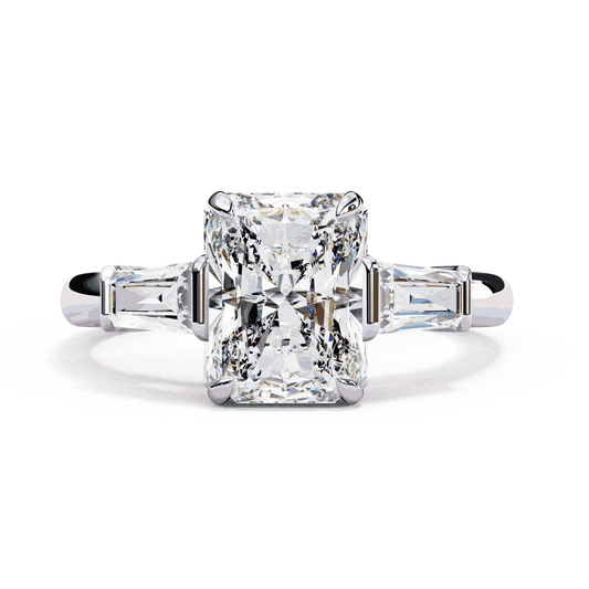 Radiant Cut Lab Grown Diamond Three Stone Engagement Ring with Tapered Baguette Sides