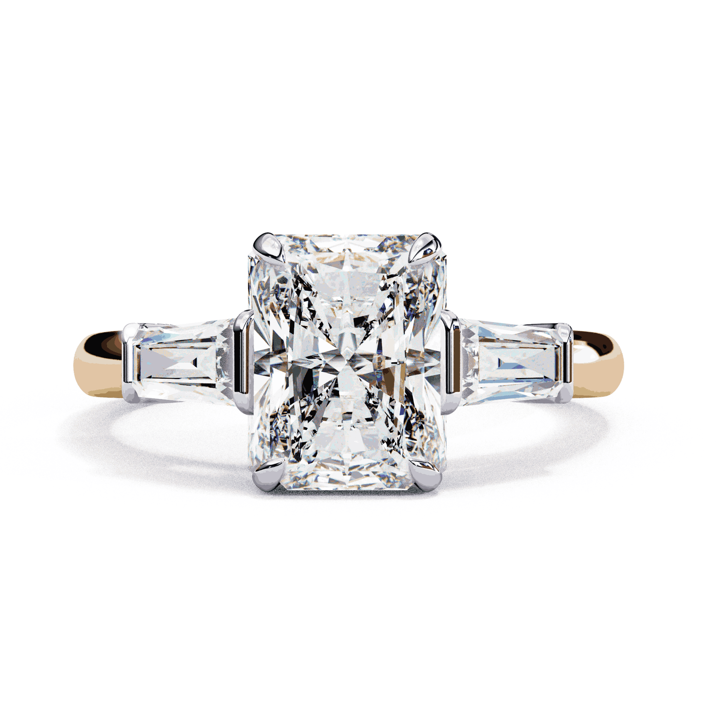 Radiant Cut Lab Grown Diamond Three Stone Engagement Ring with Tapered Baguette Sides