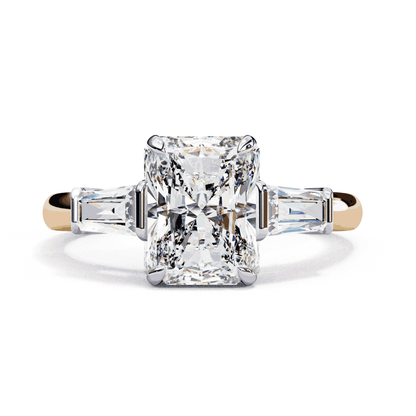 Radiant Cut Lab Grown Diamond Three Stone Engagement Ring with Tapered Baguette Sides