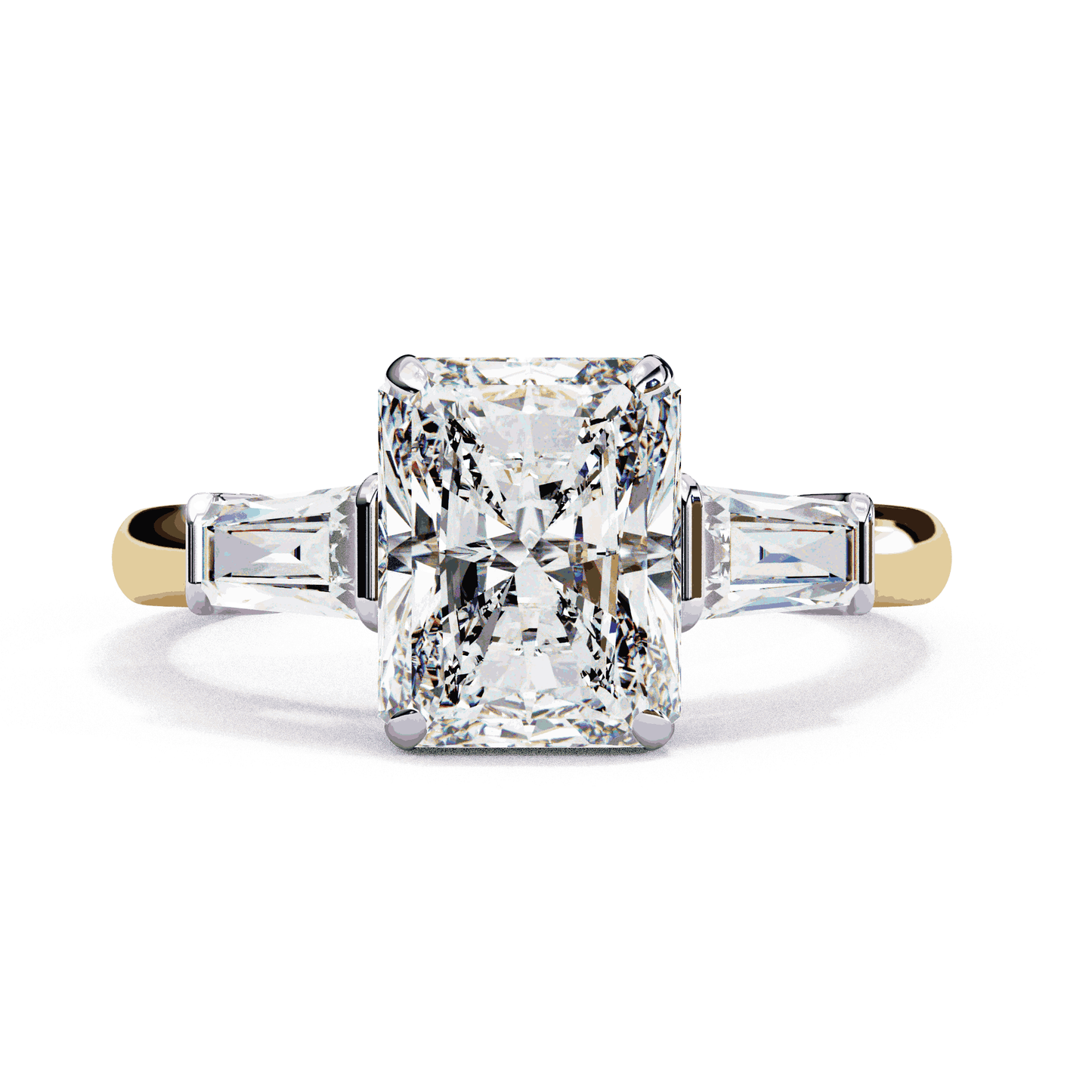 Radiant Cut Lab Grown Diamond Three Stone Engagement Ring with Tapered Baguette Sides