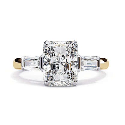 Radiant Cut Lab Grown Diamond Three Stone Engagement Ring with Tapered Baguette Sides