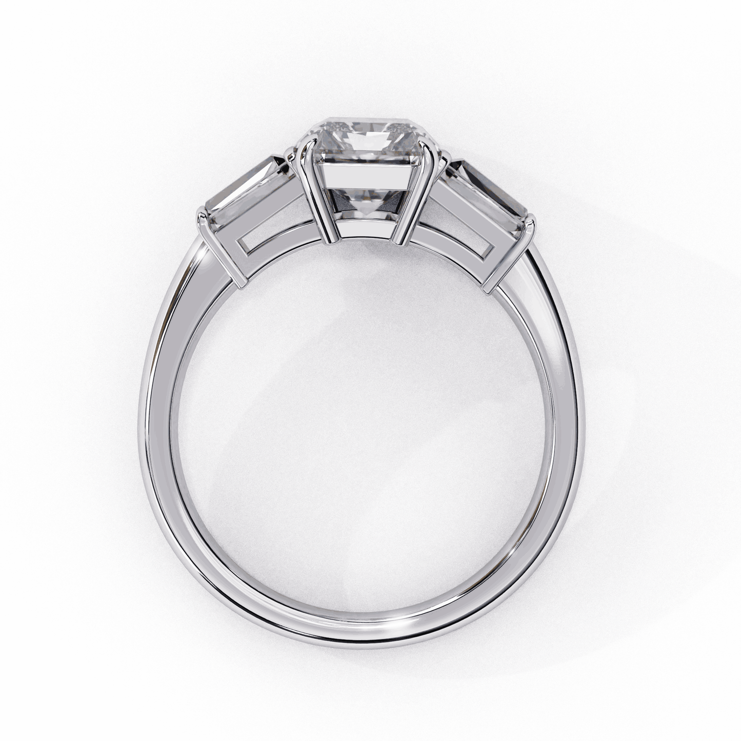 Radiant Cut Lab Grown Diamond Three Stone Engagement Ring with Tapered Baguette Sides