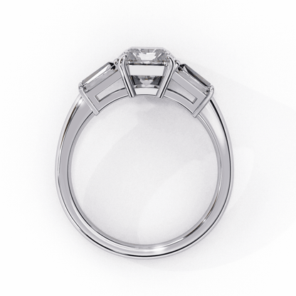 Radiant Cut Lab Grown Diamond Three Stone Engagement Ring with Tapered Baguette Sides