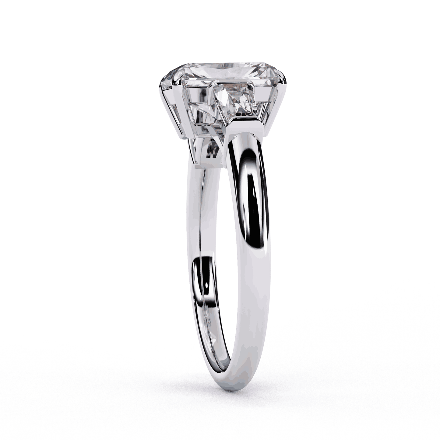 Radiant Cut Lab Grown Diamond Three Stone Engagement Ring with Tapered Baguette Sides