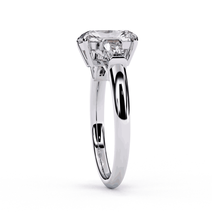 Radiant Cut Lab Grown Diamond Three Stone Engagement Ring with Tapered Baguette Sides