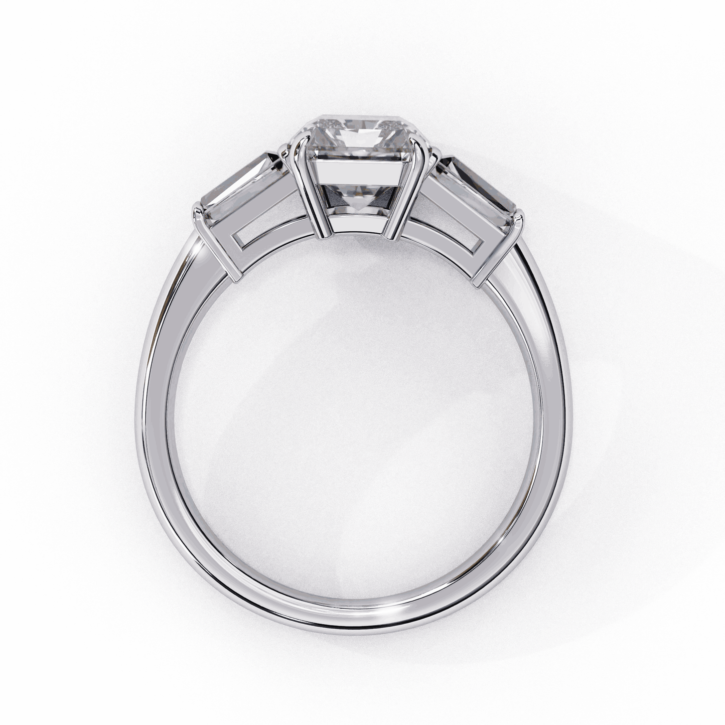 Emerald Cut Lab Grown Diamond Three Stone Engagement Ring with Tapered Baguette Sides