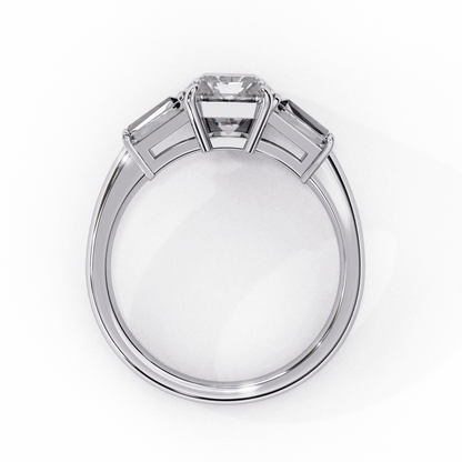 Emerald Cut Lab Grown Diamond Three Stone Engagement Ring with Tapered Baguette Sides