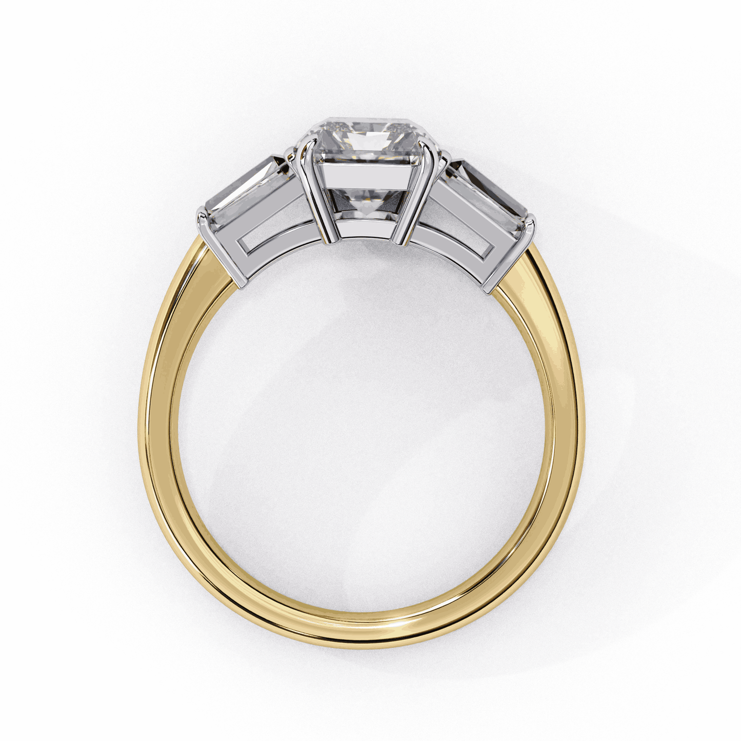 Emerald Cut Lab Grown Diamond Three Stone Engagement Ring with Tapered Baguette Sides
